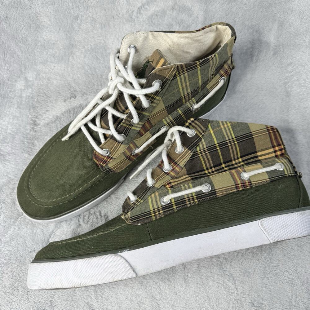 Polo Ralph Lauren Lander Chukka Canvas Madras Plaid Boat Shoes Olive Green 11D